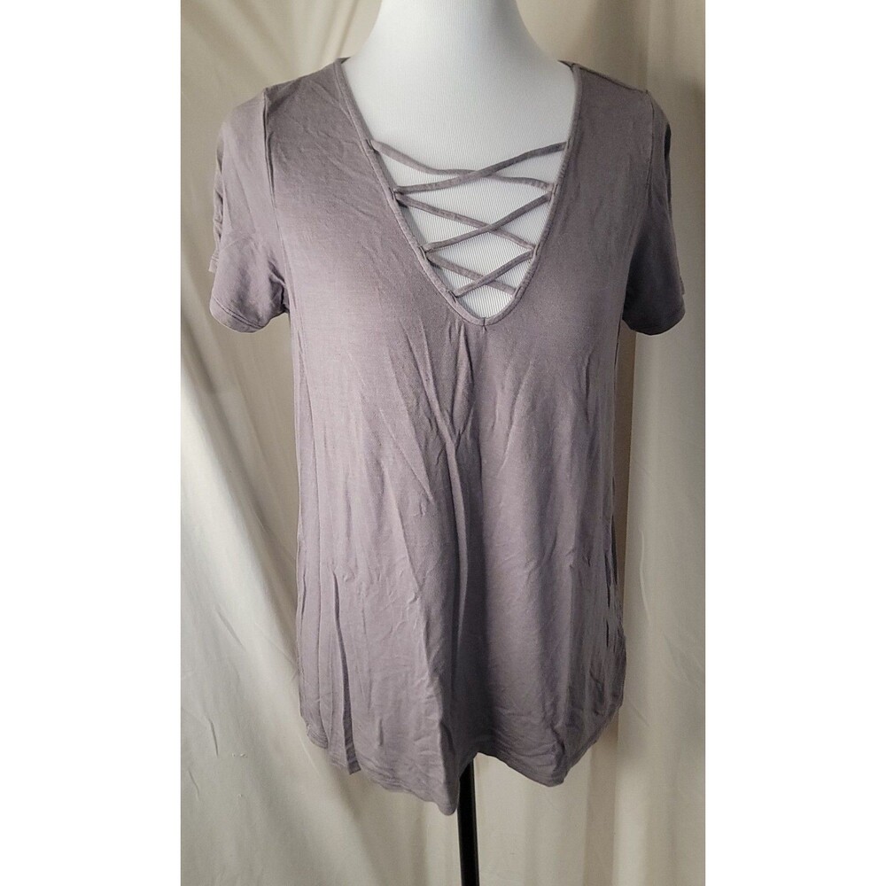 American Eagle Soft & Sexy Tee Womens Med Gray Lace Up V Neck Short Sleeve Top